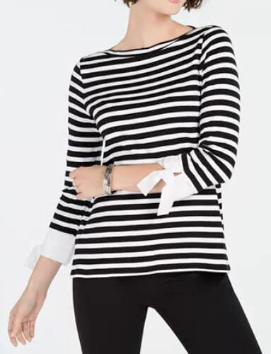Charter Club Striped Tie-Cuff Cotton Top