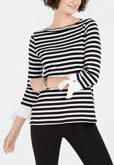 Charter Club Striped Tie-Cuff Cotton Top