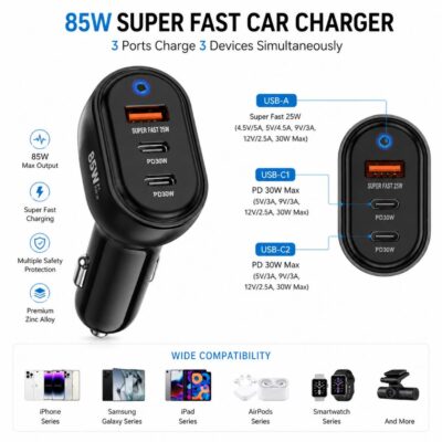 Car Charger USB C, 3-Port 85W Dual USB-C & USB-A Fast Charging Cigarette